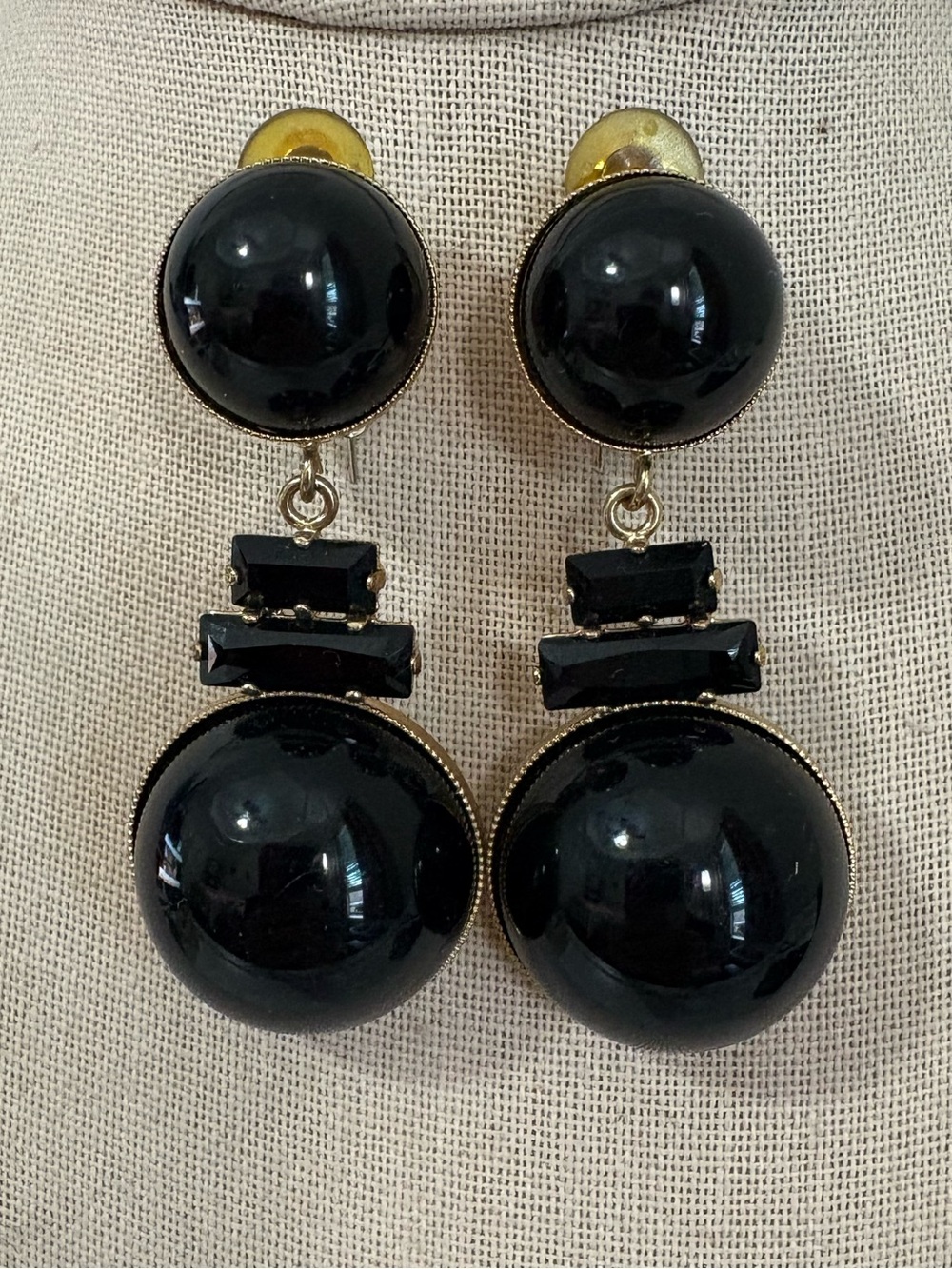 Phillip Ferrandis earrings 2.5” dangle earrings clip on gold tone black beaded